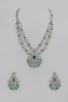 White Finish Teal Blue Zircon Long Layered Necklace Set