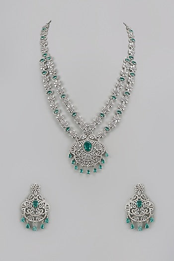 White Finish Teal Blue Zircon Long Layered Necklace Set