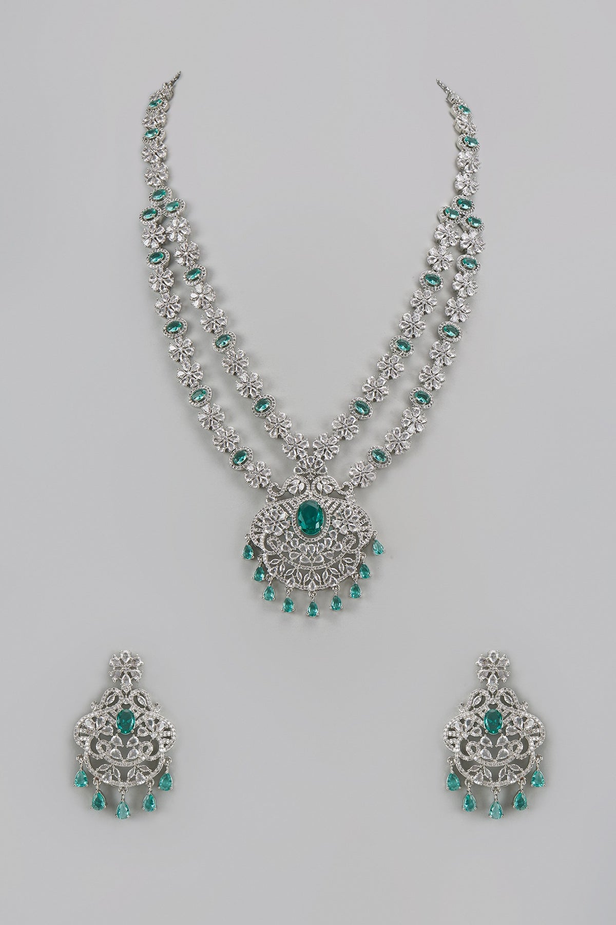 White Finish Teal Blue Zircon Long Layered Necklace Set