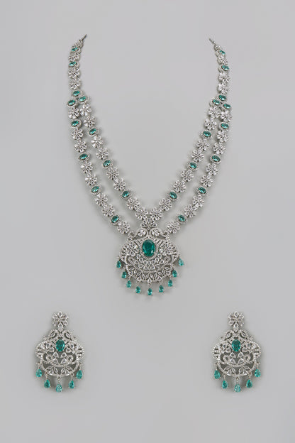 White Finish Teal Blue Zircon Long Layered Necklace Set