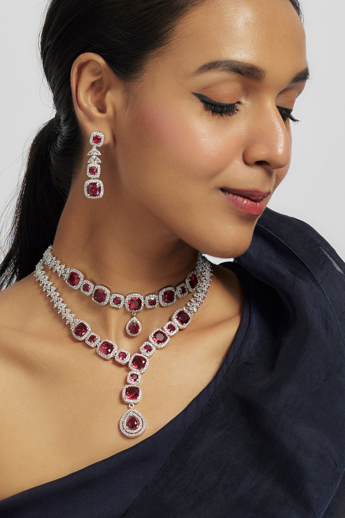 White Finish Ruby Stone & Zircon Layered Necklace Set