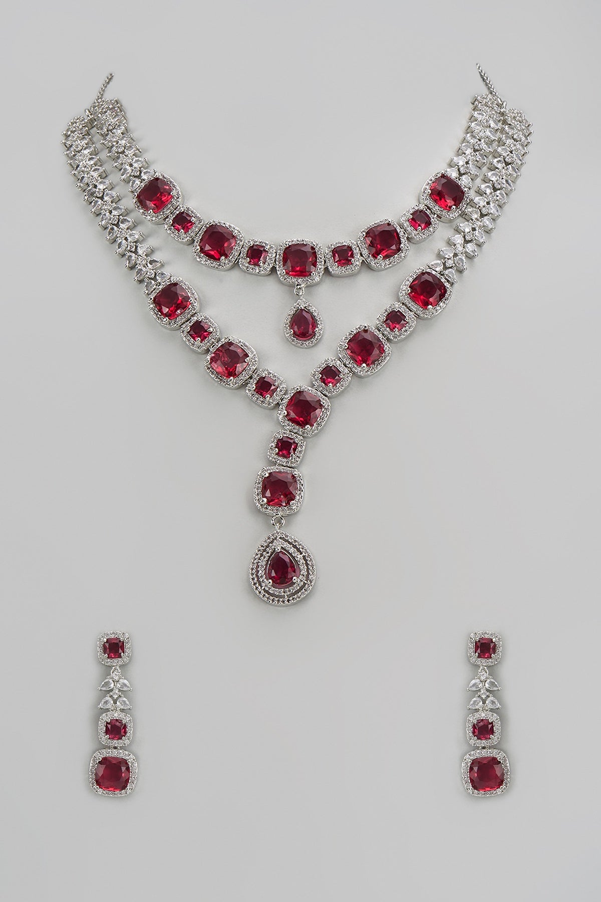 White Finish Ruby Stone & Zircon Layered Necklace Set