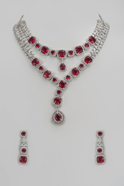 White Finish Ruby Stone & Zircon Layered Necklace Set