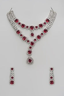 White Finish Ruby Stone & Zircon Layered Necklace Set
