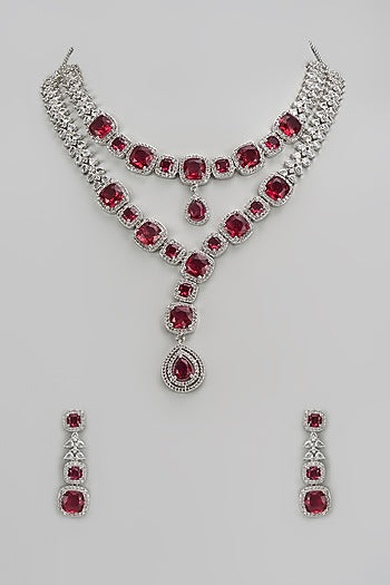 White Finish Ruby Stone & Zircon Layered Necklace Set