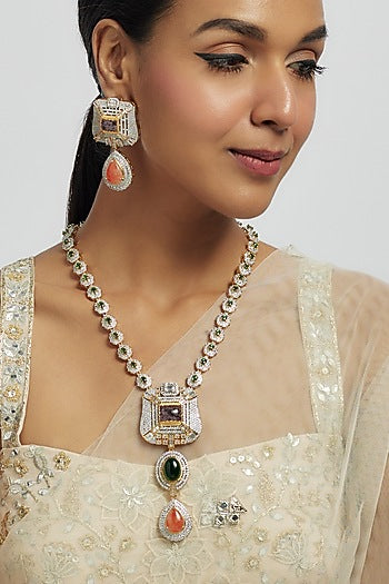 Gold Finish Multi-Colored Stone & Zircon Long Pendant Necklace Set