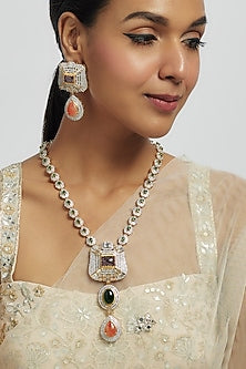Gold Finish Multi-Colored Stone & Zircon Long Pendant Necklace Set