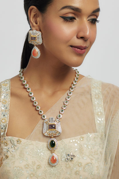 Gold Finish Multi-Colored Stone & Zircon Long Pendant Necklace Set