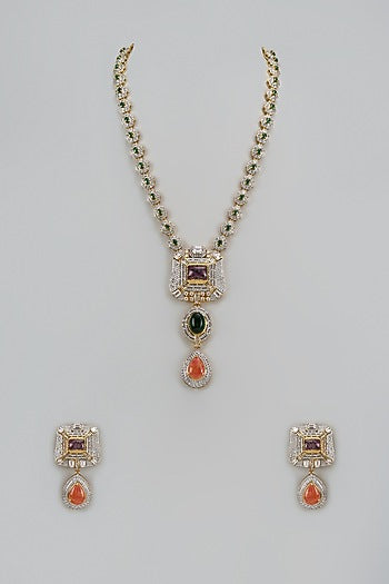 Gold Finish Multi-Colored Stone & Zircon Long Pendant Necklace Set