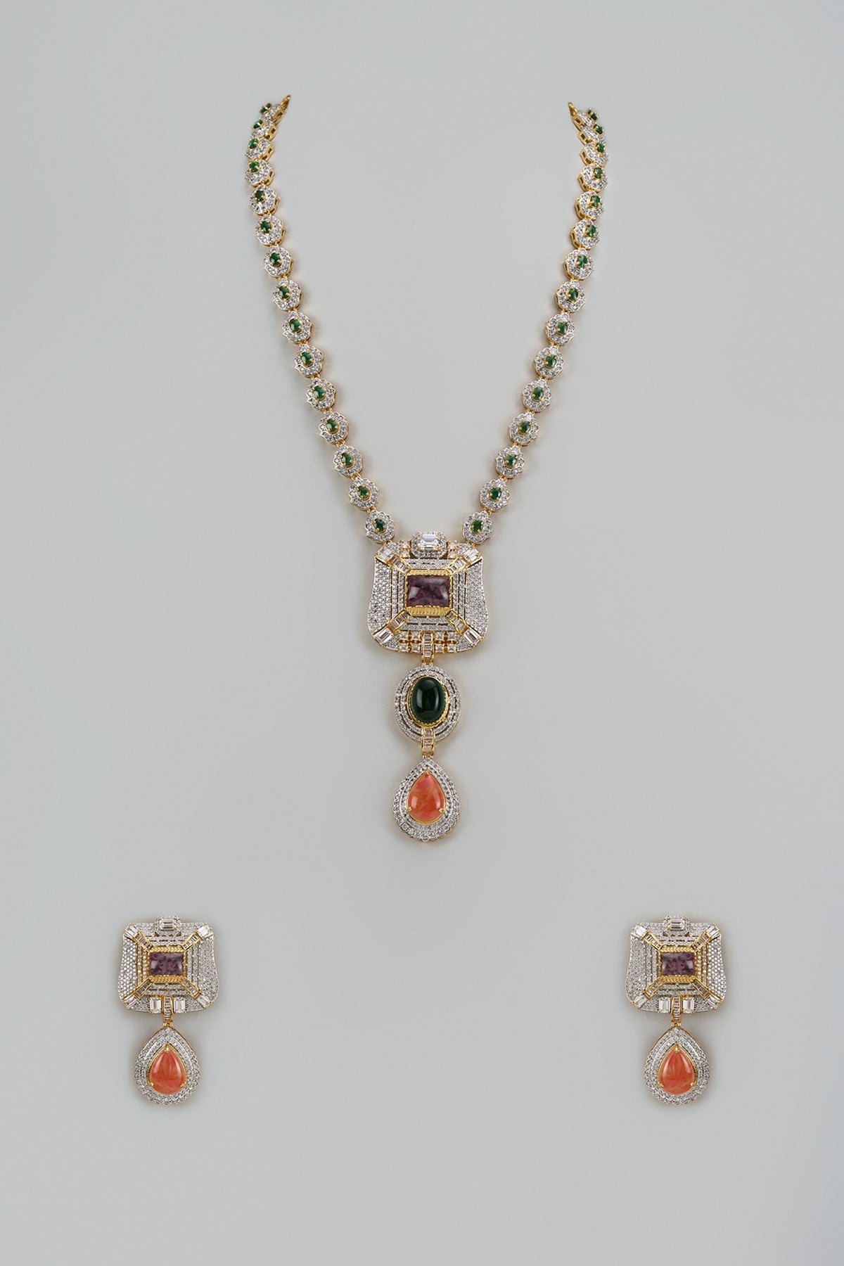 Gold Finish Multi-Colored Stone & Zircon Long Pendant Necklace Set