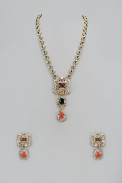 Gold Finish Multi-Colored Stone & Zircon Long Pendant Necklace Set