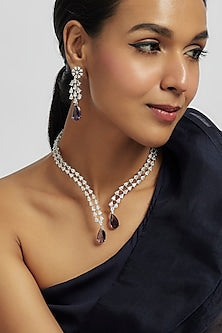 White Finish Blue Stone & Zircon Long Necklace Set