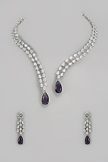 White Finish Blue Stone & Zircon Long Necklace Set