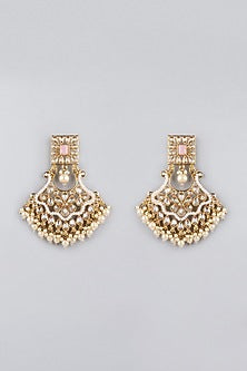 Gold Finish Kundan Polki Earrings With Maang Tikka