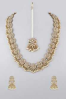 Gold Finish Kundan Polki & Pearl Long Necklace Set