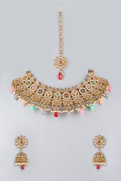 Gold Finish Necklace Set With Multi Colored Stones