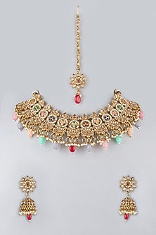 Gold Finish Necklace Set With Multi Colored Stones