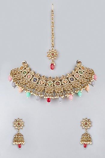 Gold Finish Necklace Set With Multi Colored Stones