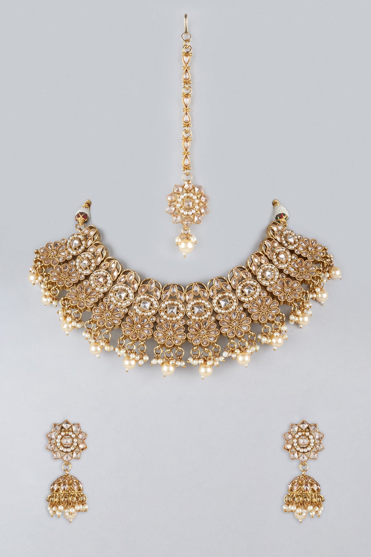 Gold Finish Kundan Polki & Pearl Necklace Set