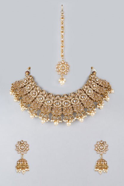 Gold Finish Kundan Polki & Pearl Necklace Set