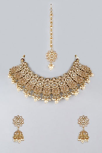 Gold Finish Kundan Polki & Pearl Necklace Set