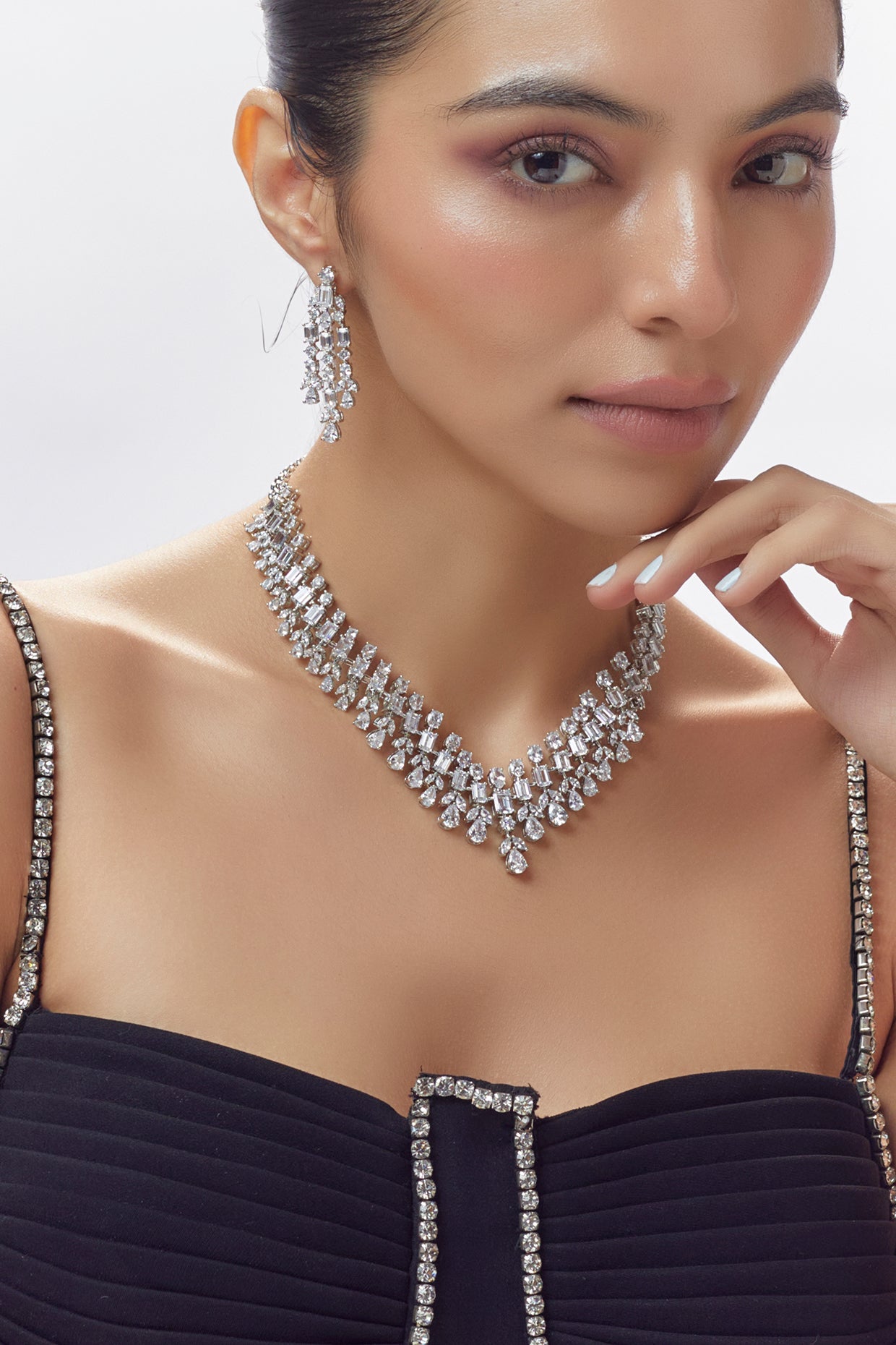 White Finish Zircon Long Necklace Set