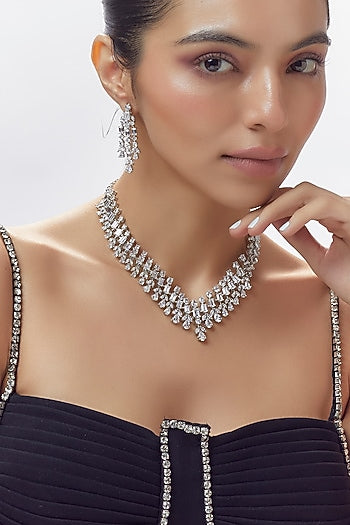 White Finish Zircon Long Necklace Set