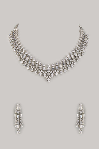 White Finish Zircon Long Necklace Set