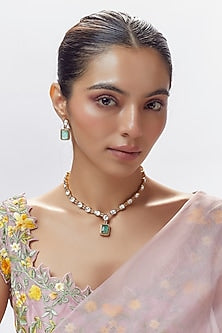 Gold Finish Zircon & Moissanite Polki Long Necklace Set