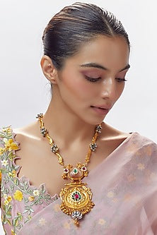 Gold Finish Pearl & Ruby Long Necklace