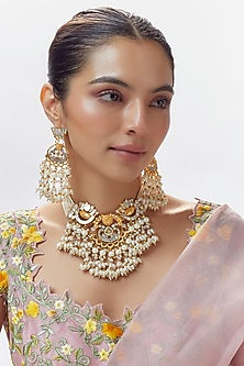 Gold Finish Pearl Beaded & Kundan Polki Choker Necklace Set