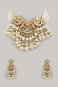 Gold Finish Pearl Beaded & Kundan Polki Choker Necklace Set