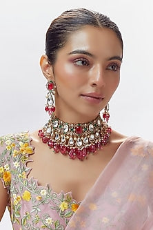 Gold Finish Zircon & Kundan Polki Choker Necklace Set