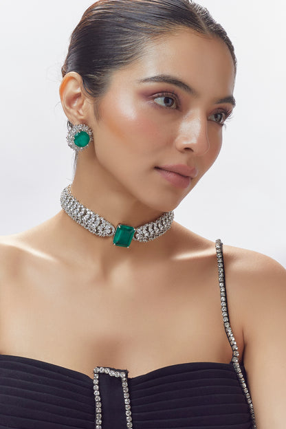 White Finish Zircon & Emerald Choker Necklace Set