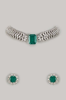 White Finish Zircon & Emerald Choker Necklace Set