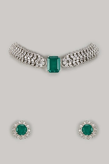 White Finish Zircon & Emerald Choker Necklace Set
