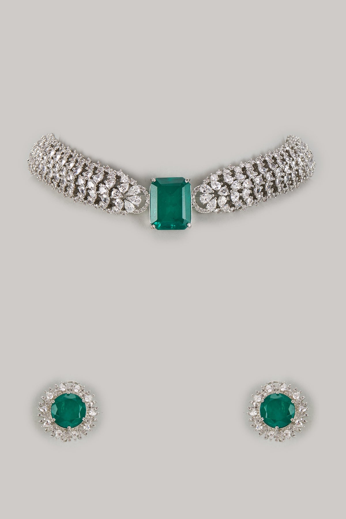 White Finish Zircon & Emerald Choker Necklace Set