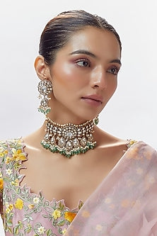 Gold Finish Zircon & Moissanite Polki Choker Necklace Set