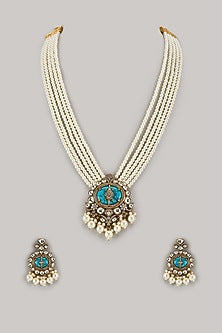 Gold Finish Zircon & Kundan Polki Long Necklace Set