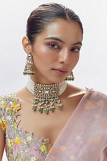 Gold Finish Zircon & Moissanite Polki Choker Necklace Set