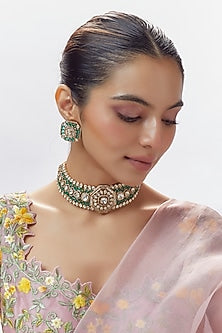 Gold Finish Zircon & Moissanite Polki Choker Necklace Set