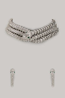 White Finish Zircon & Emerald Synthetic Stone Choker Necklace Set