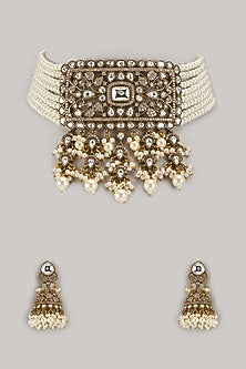 Gold Finish Zircon & Moissanite Polki Choker Necklace Set
