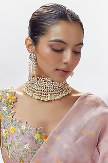 Gold Finish Zircon & Moissanite Polki Choker Necklace Set