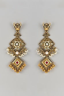 Black Rhodium Finish Moissanite Polki & Pearl Dangler Earrings