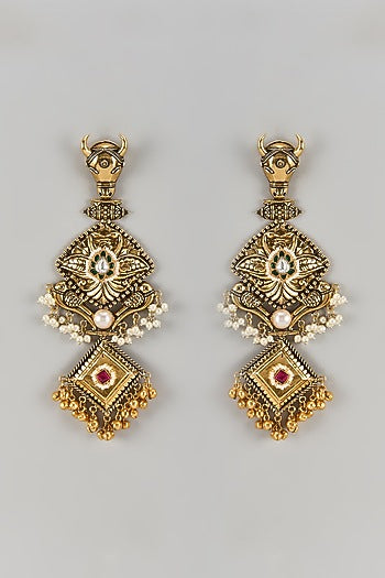 Black Rhodium Finish Moissanite Polki & Pearl Dangler Earrings
