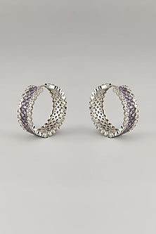 White Finish Light Purple Stone & Zircon Hoop Earrings