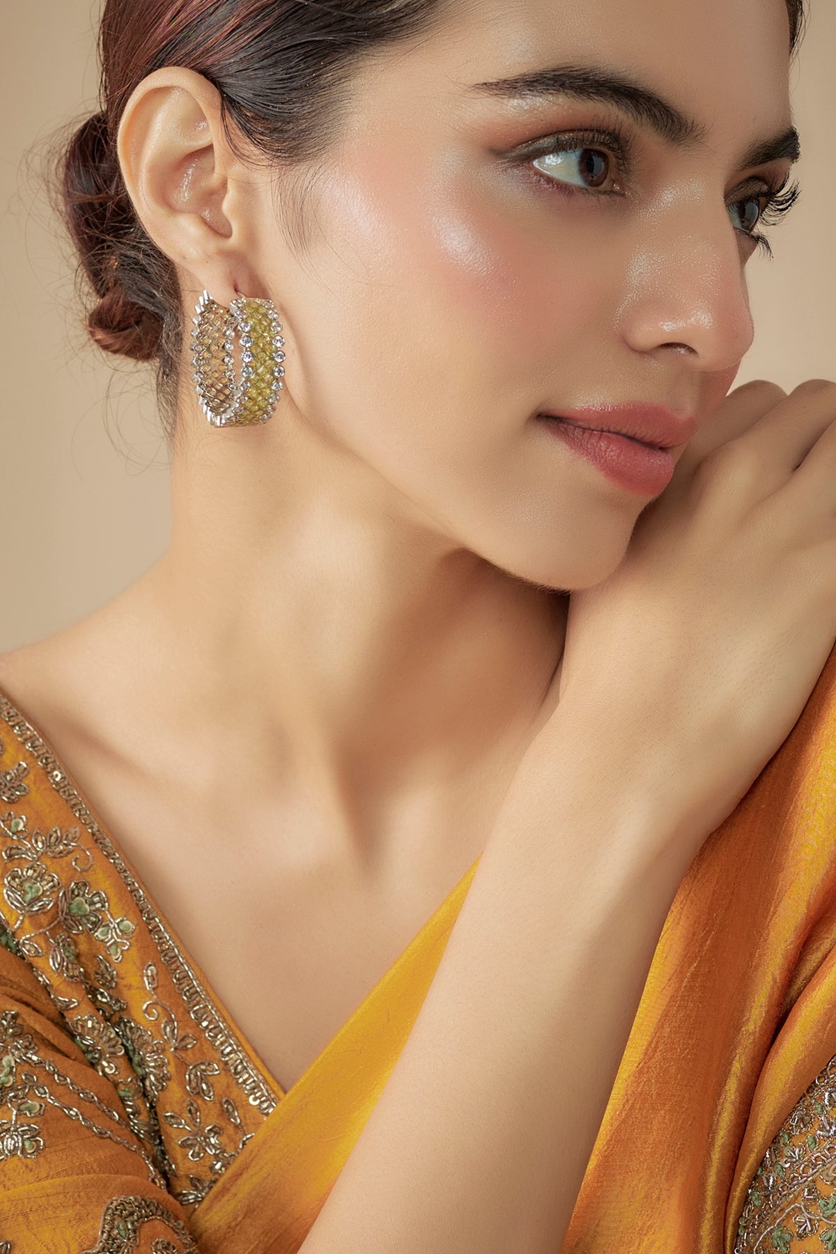 White Finish Light Yellow Stone & Zircon Hoop Earrings