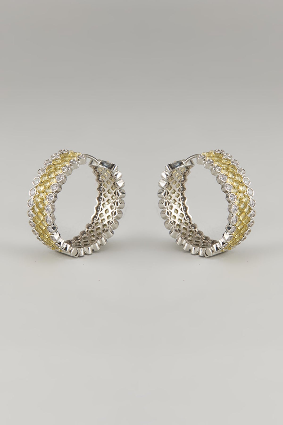 White Finish Light Yellow Stone & Zircon Hoop Earrings