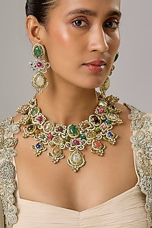 Gold Finish Multi-Colored Stone & Zircon Choker Necklace Set